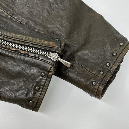 DIESEL Studded Distressed Brown Leather Jacket Size 48