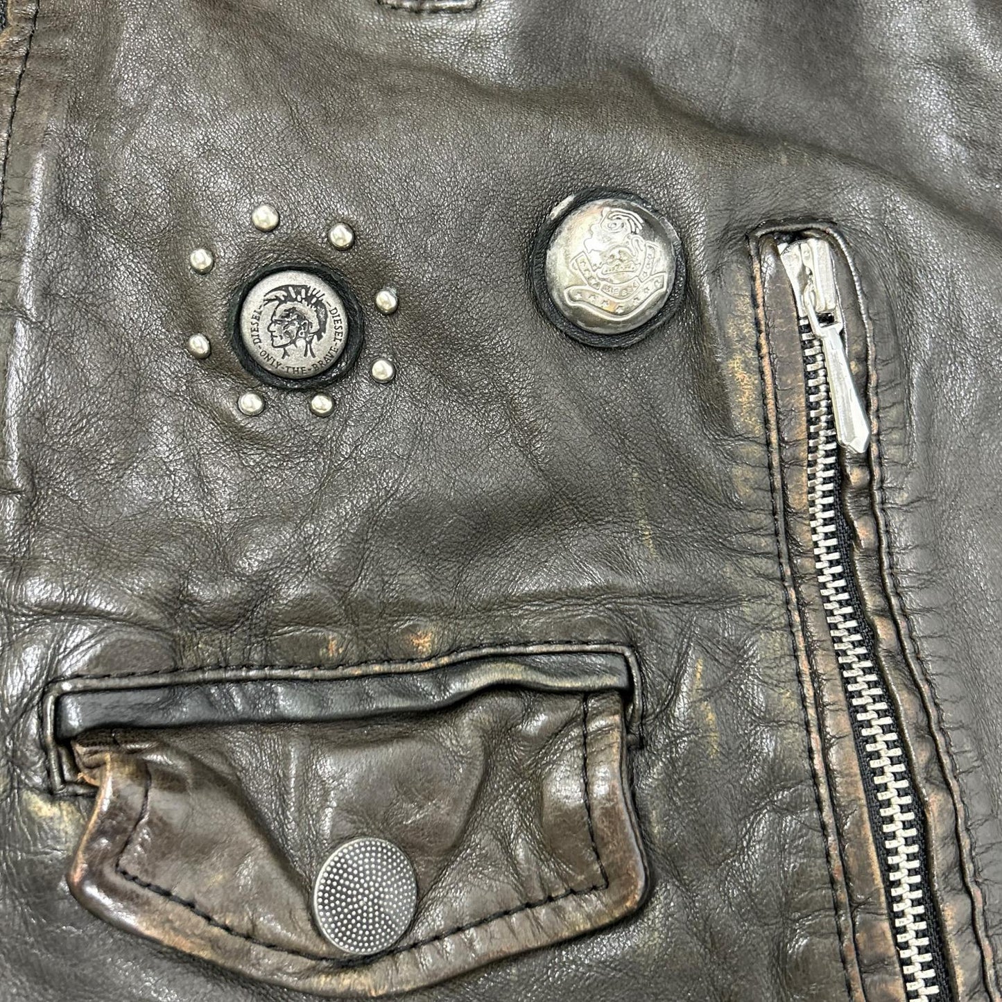 DIESEL Studded Distressed Brown Leather Jacket Size 48