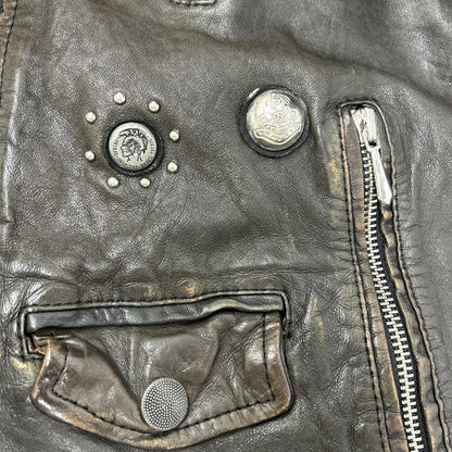 DIESEL Studded Distressed Brown Leather Jacket Size 48
