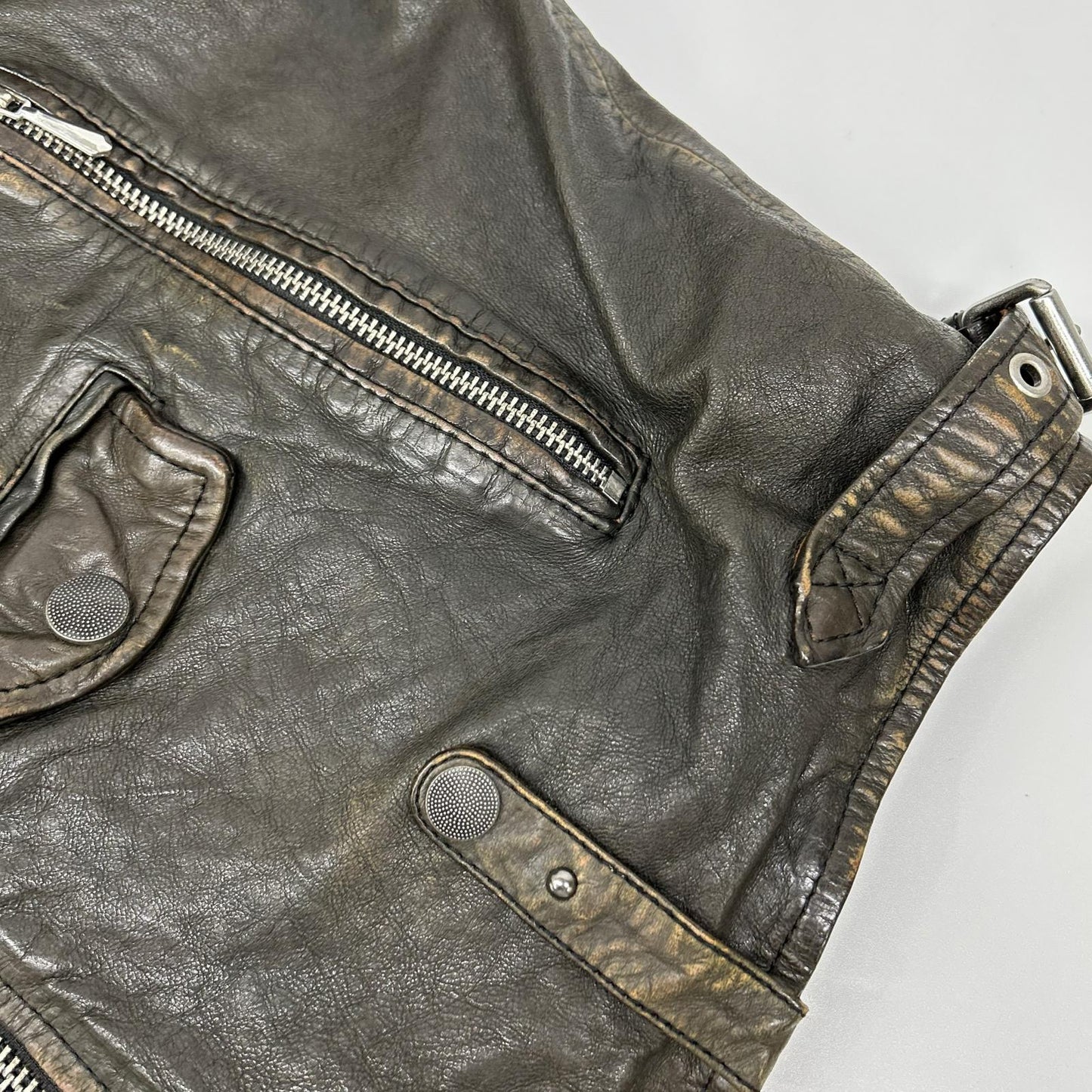 DIESEL Studded Distressed Brown Leather Jacket Size 48