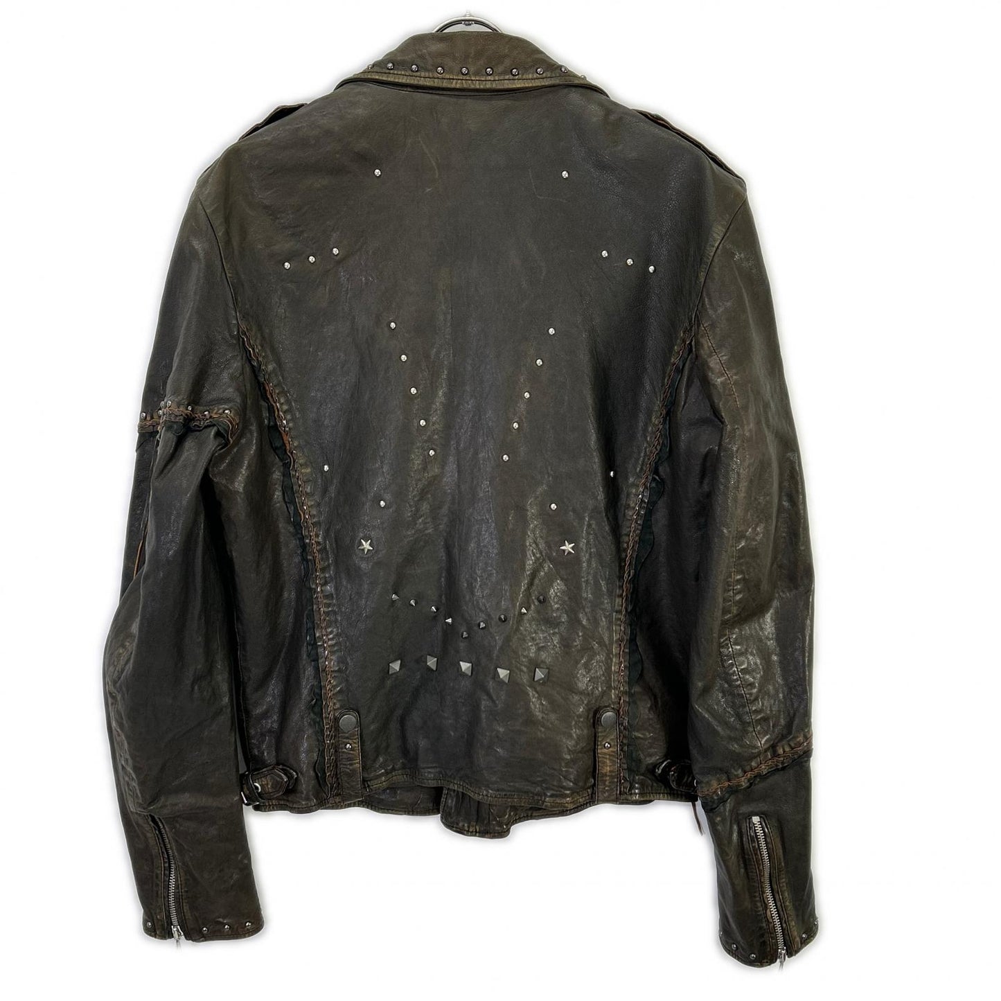 DIESEL Studded Distressed Brown Leather Jacket Size 48