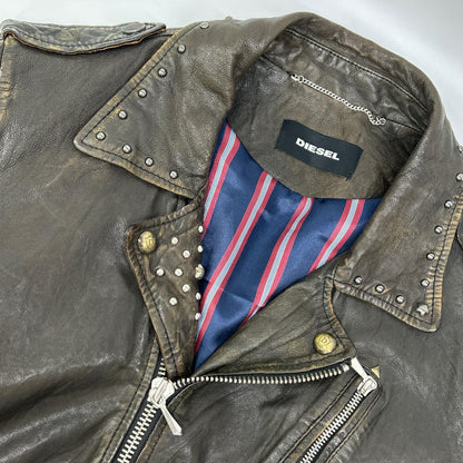 DIESEL Studded Distressed Brown Leather Jacket Size 48
