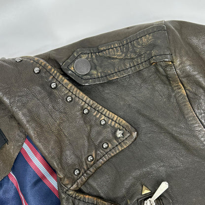 DIESEL Studded Distressed Brown Leather Jacket Size 48