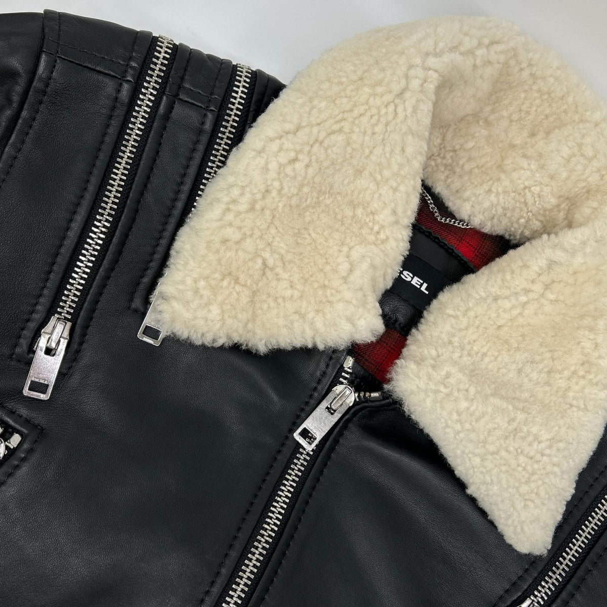 DIESEL Black Shearling Collar Double Riders Jacket Size 48