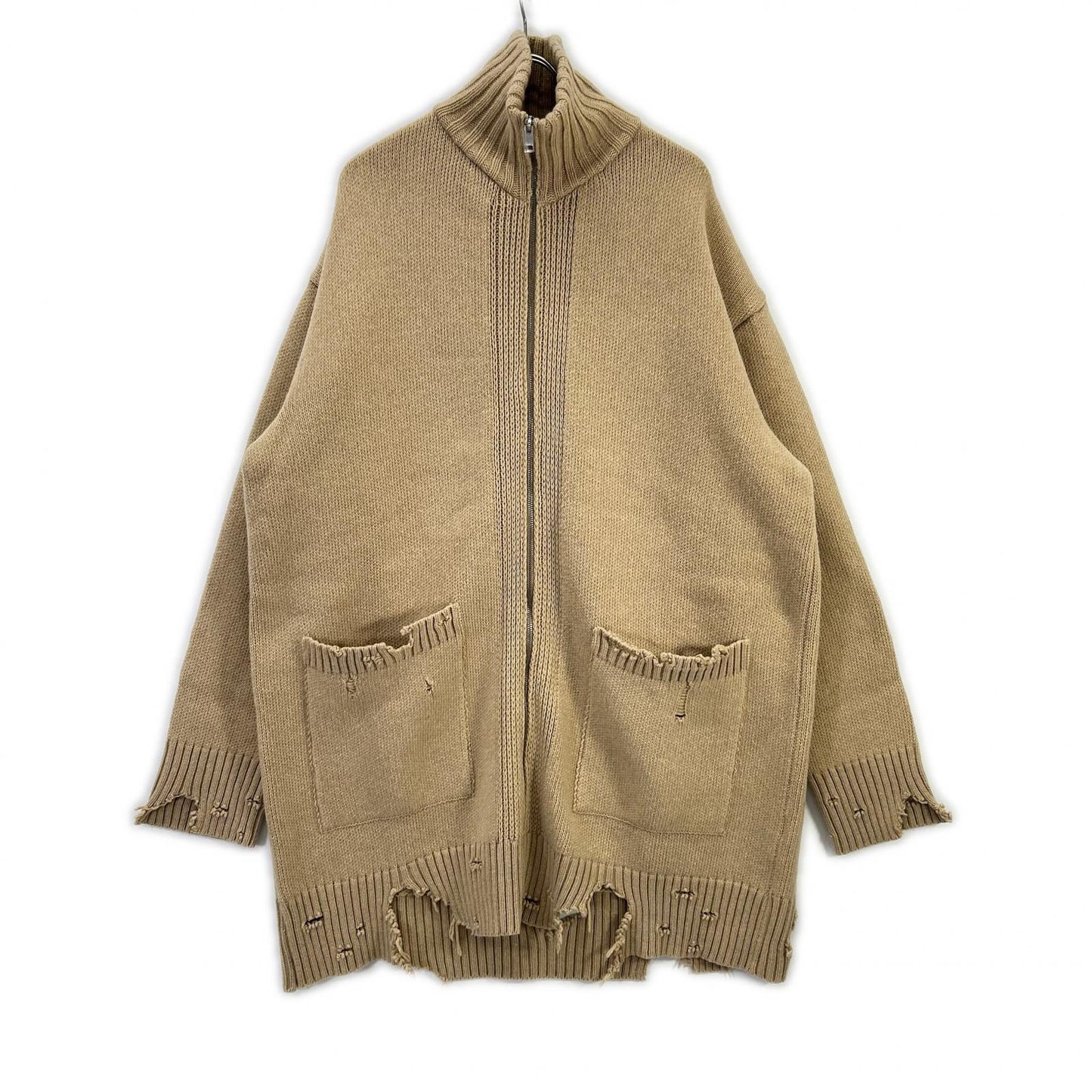 DIESEL Camel Wool Distressed Zip Long Sweater Beige Size XXL