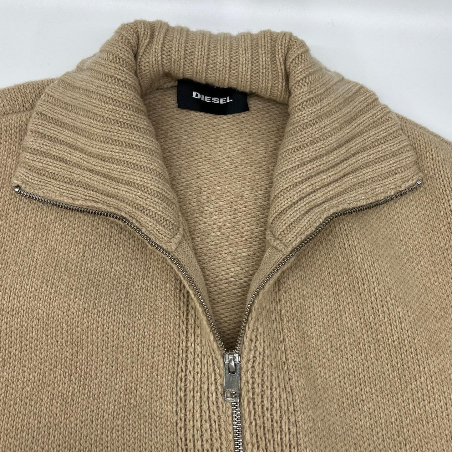 DIESEL Camel Wool Distressed Zip Long Sweater Beige Size XXL