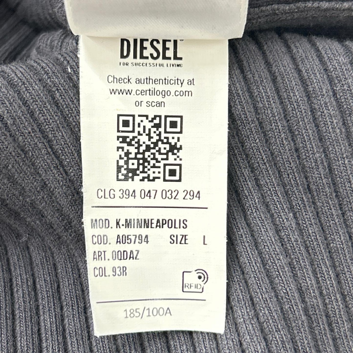 DIESEL Center Zip Rib Knit Sweater Charcoal Gray Size L
