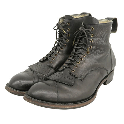 FOOT THE COACHER Leather Fringe Lace-Up Boots Black Size 8.5