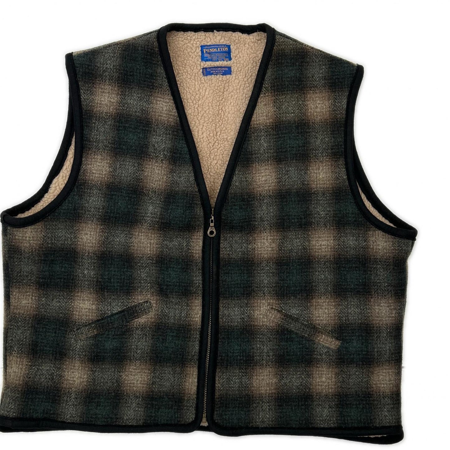 PENDLETON Green Ombre Check Wool Boa Vest Size XXL