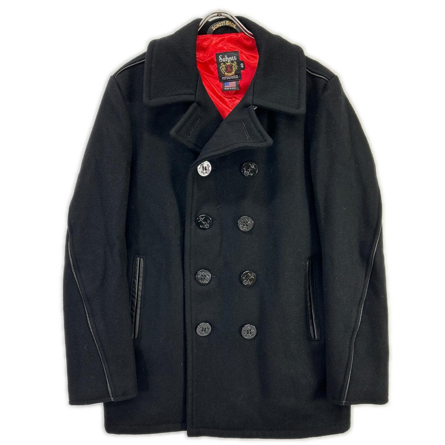 schott 7081 Leather Piping Wool Peacoat Black Coat Size 42