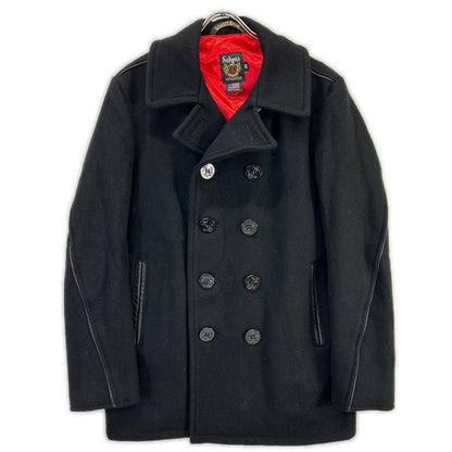 schott 7081 Leather Piping Wool Peacoat Black Coat Size 42