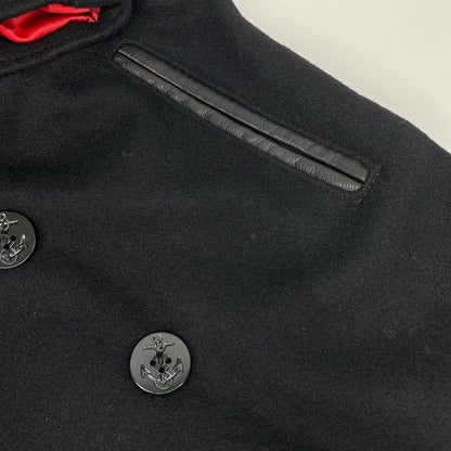 schott 7081 Leather Piping Wool Peacoat Black Coat Size 42
