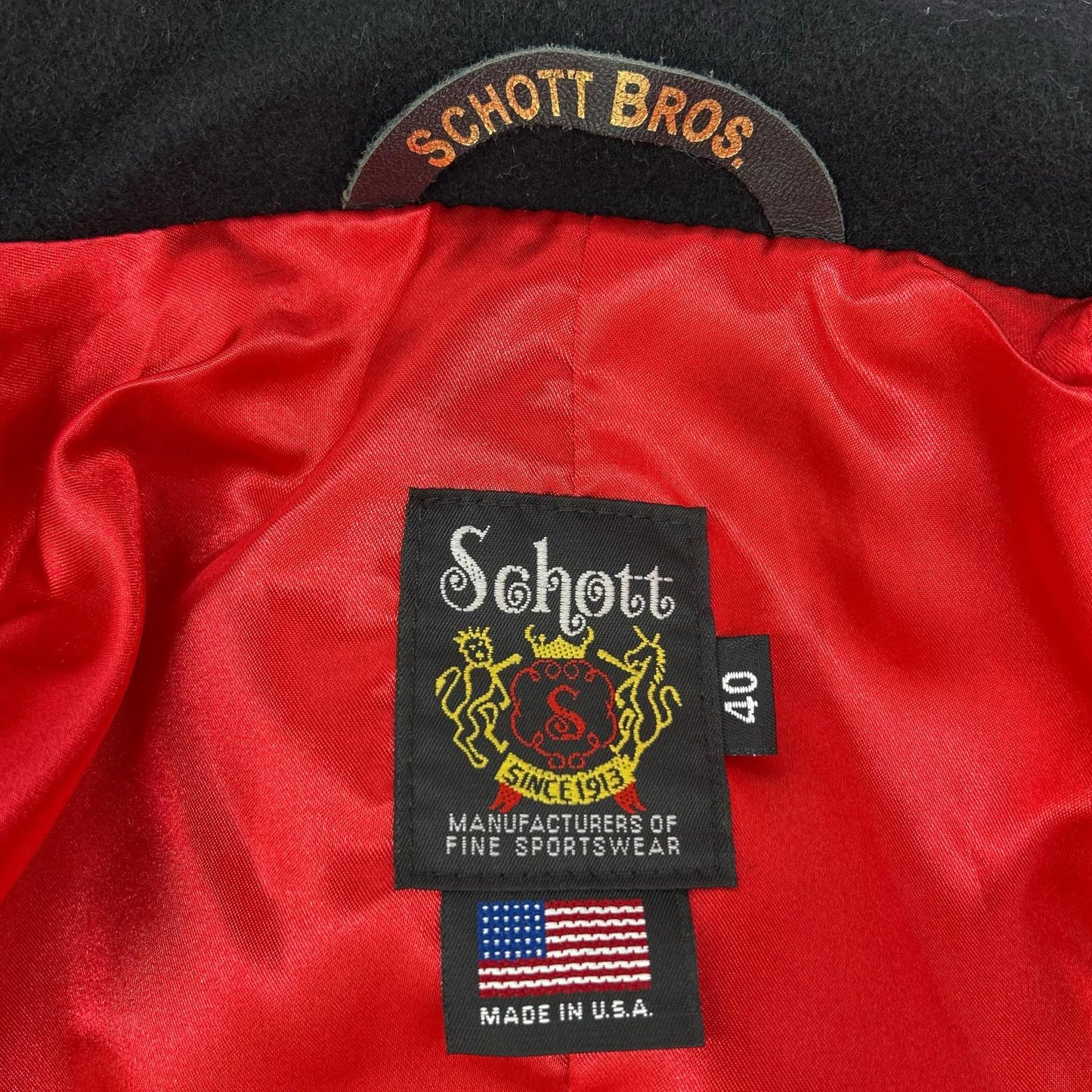 schott 7081 Leather Piping Wool Peacoat Black Coat Size 42