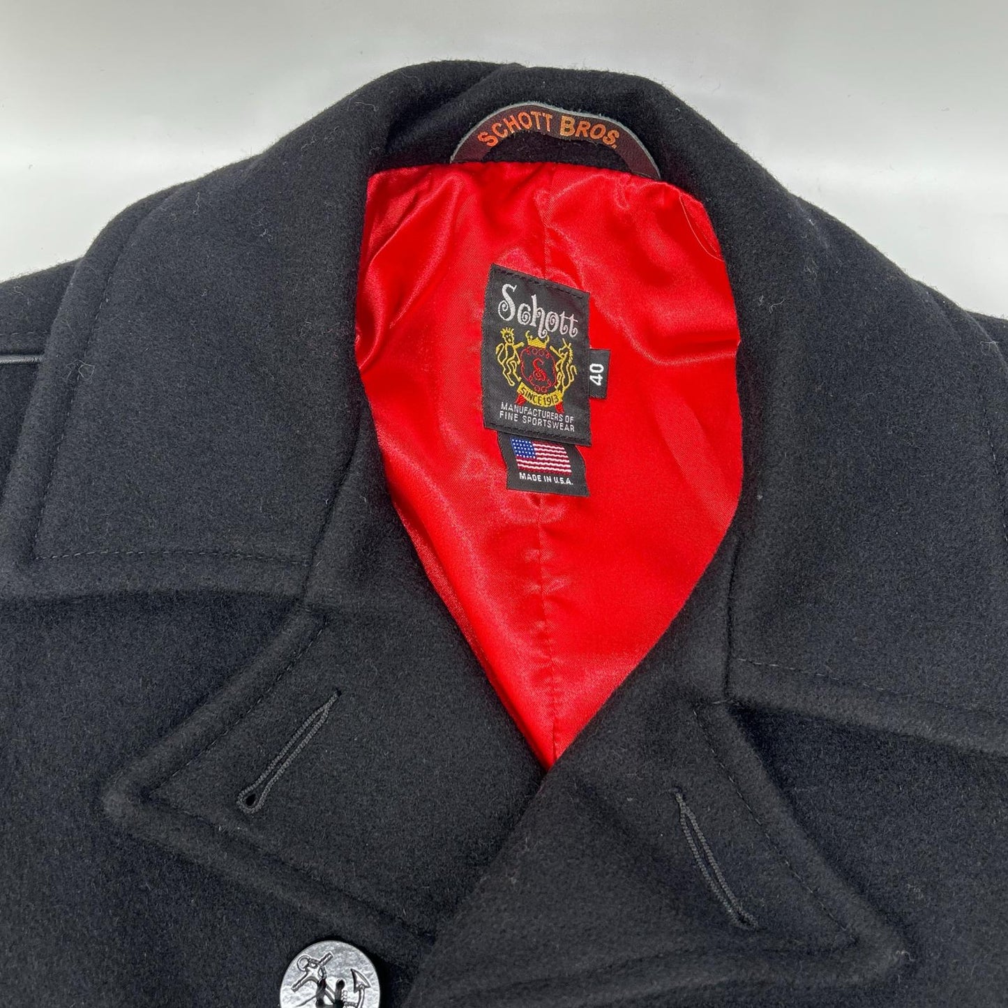 schott 7081 Leather Piping Wool Peacoat Black Coat Size 42