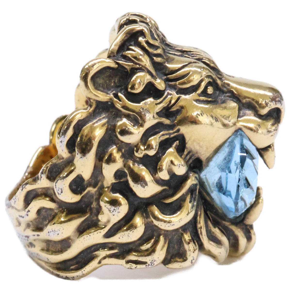 GUCCI Gold Lion Head Crystal Ring Size JP 18