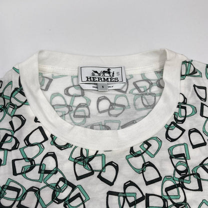 HERMES White Green Embroidered T-Shirt Size S