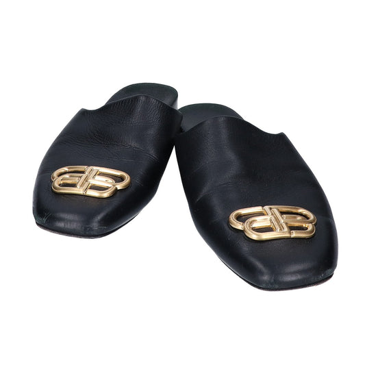 BALENCIAGA Black BB Logo Leather Sandals Size EU 42
