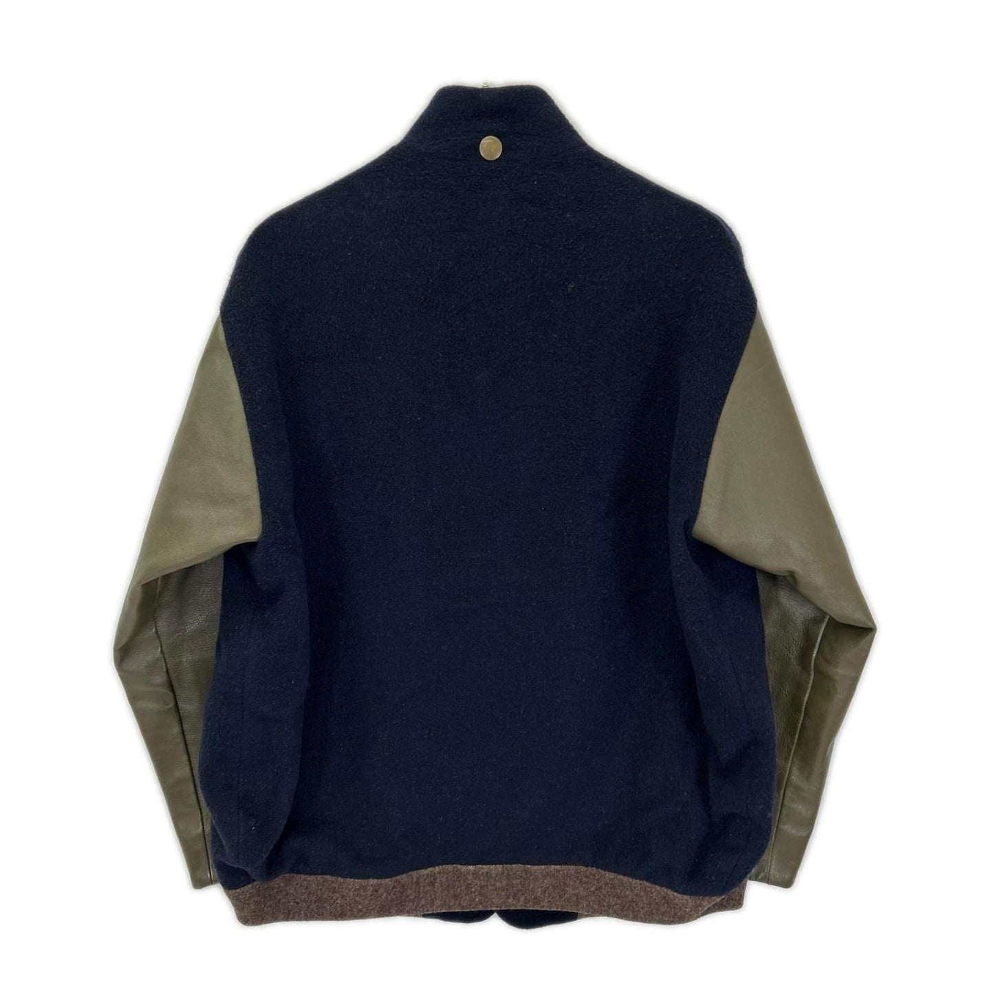 the sakaki Navy Khaki Arm Leather Varsity Jacket
