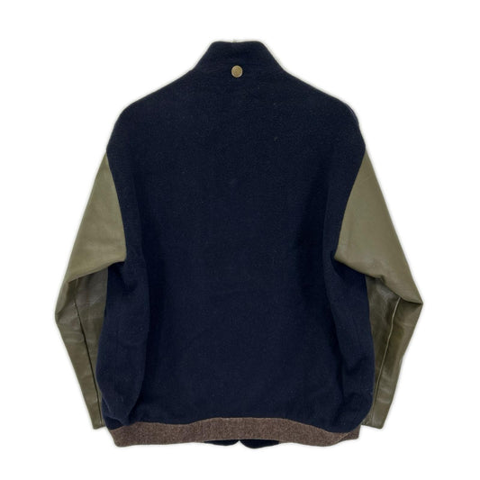 the sakaki Navy Khaki Arm Leather Varsity Jacket