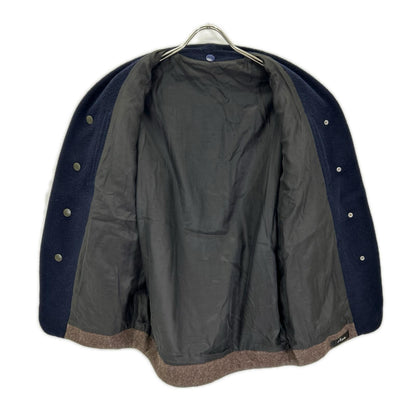 the sakaki Navy Khaki Arm Leather Varsity Jacket
