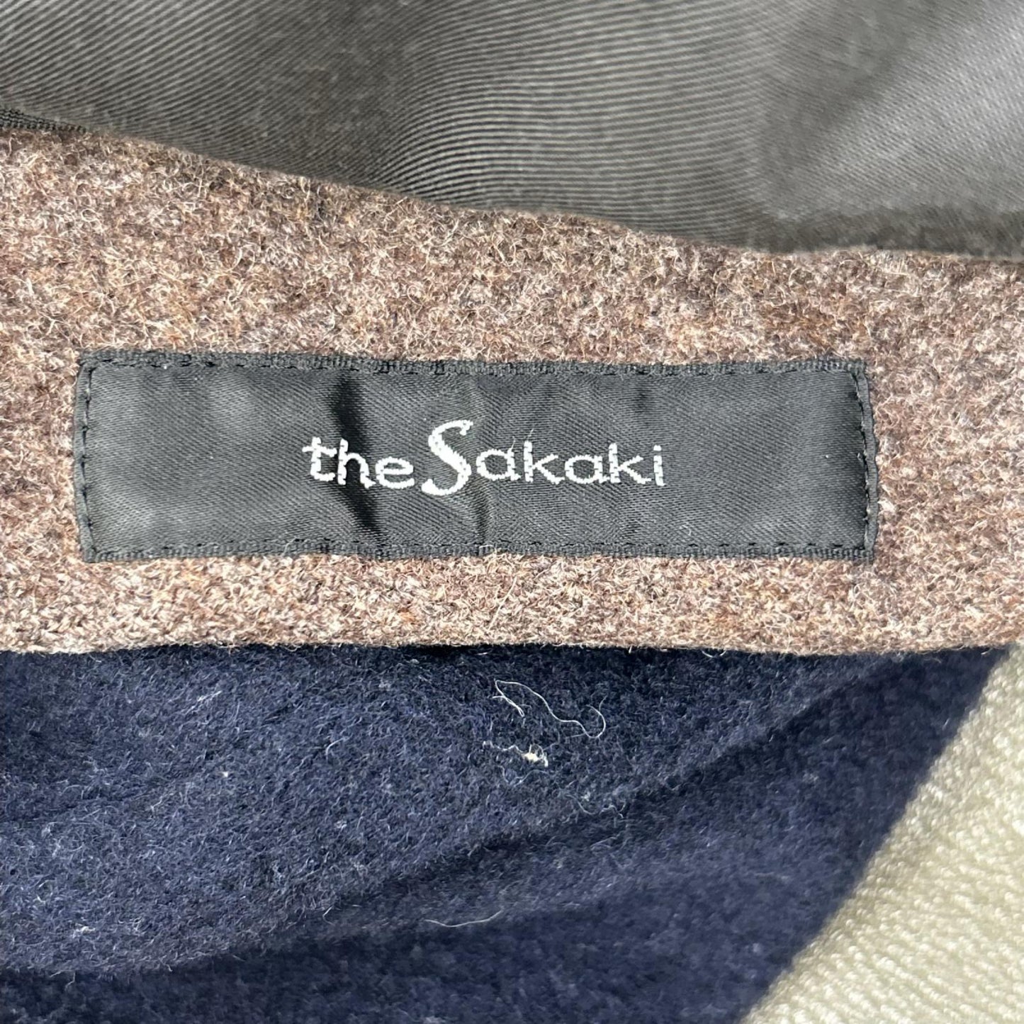 the sakaki Navy Khaki Arm Leather Varsity Jacket