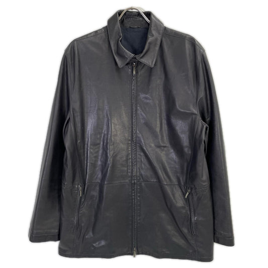 Z Zegna Black Leather Single Rider Jacket Size 52
