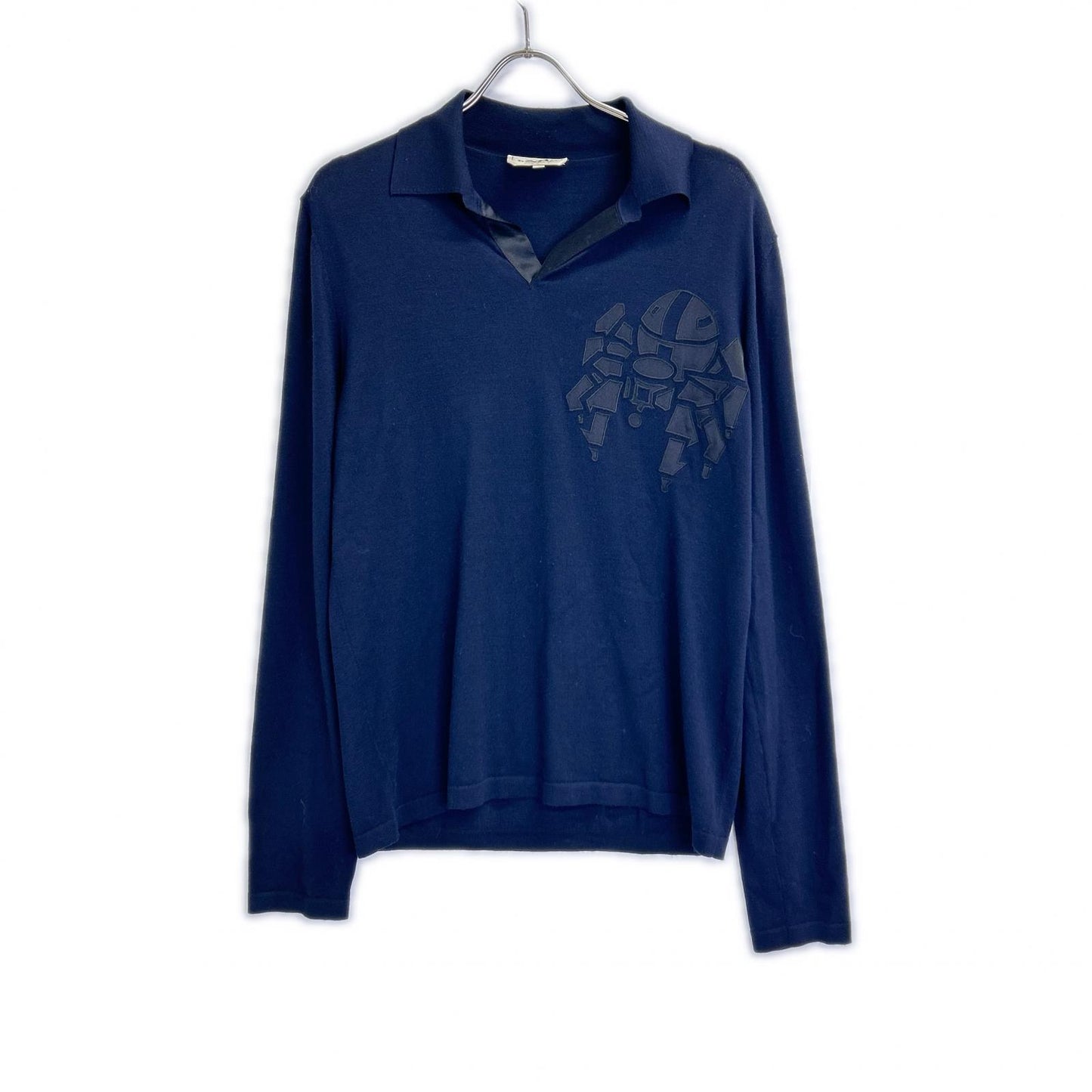 HERMES Robot Long Sleeve Wool Knit Polo Navy Size S