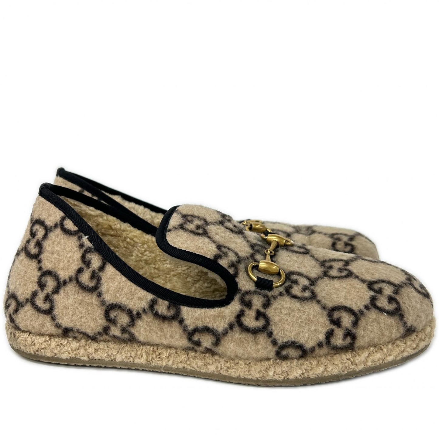 GUCCI GG Wool Horsebit Loafers Beige Size 7