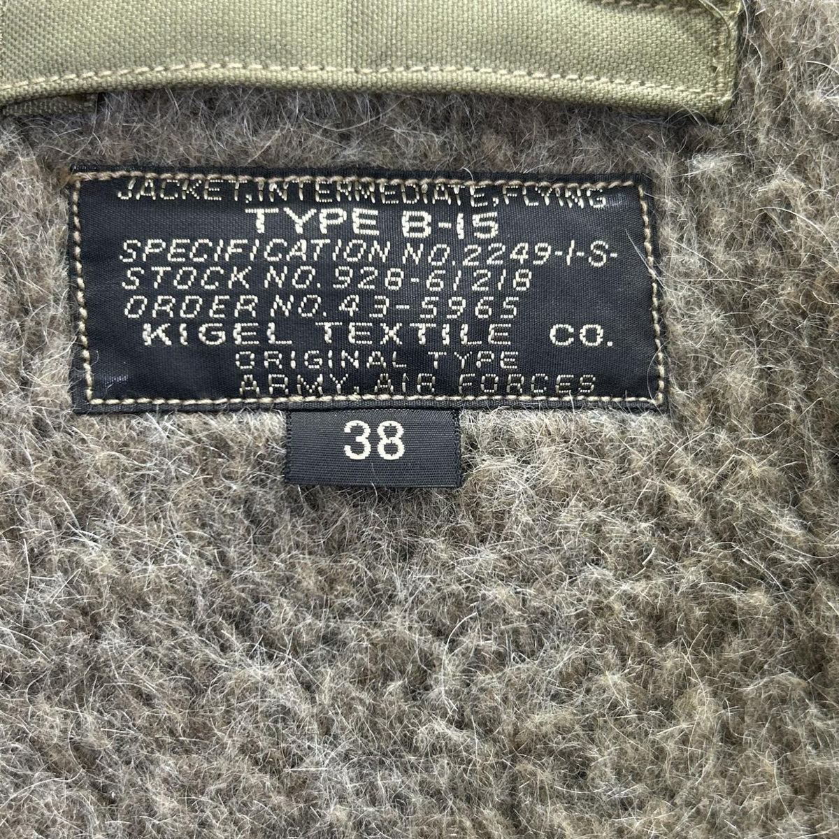 BUZZ RICKSON'S Khaki B-15 Flight Jacket Size 38