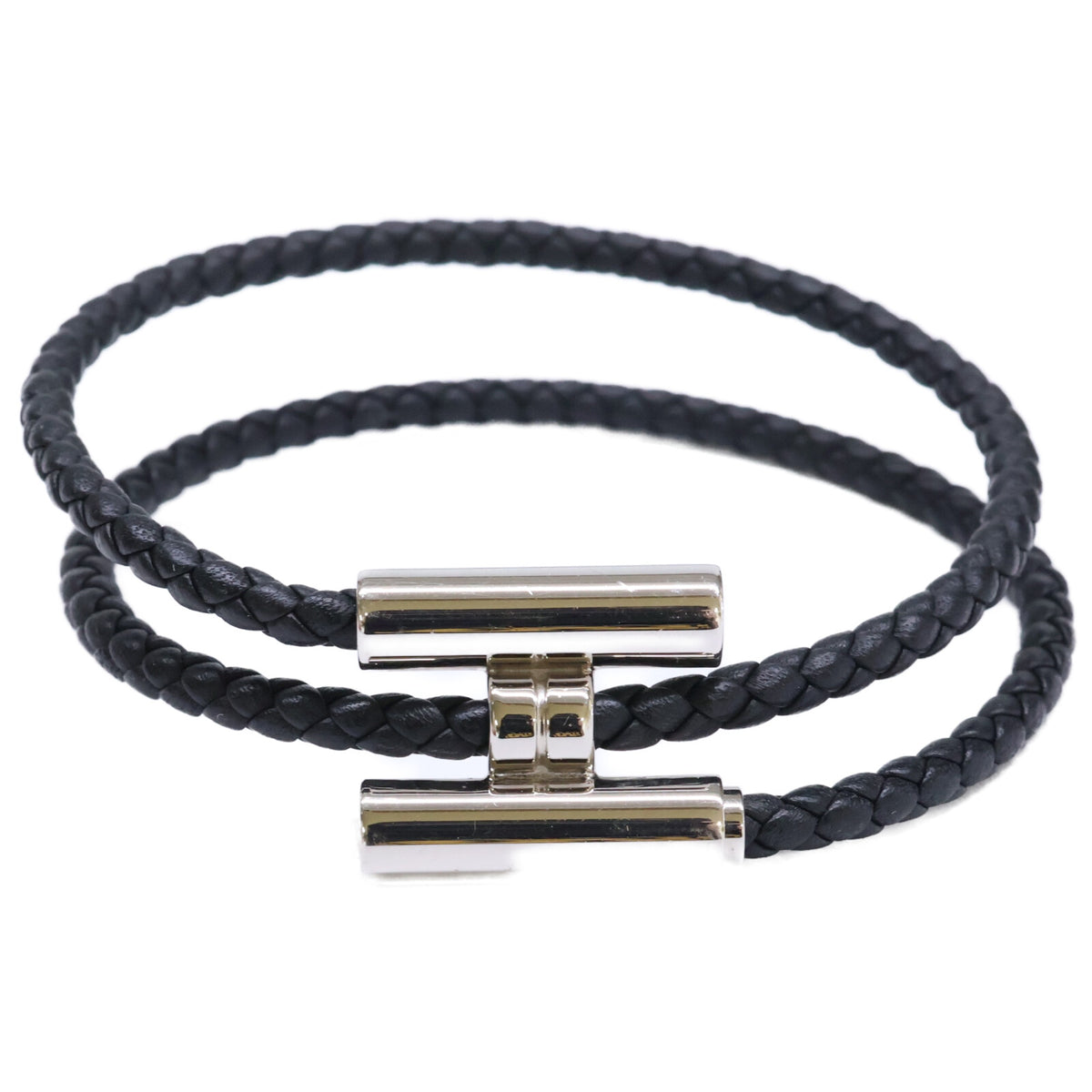 HERMES Tournis Tresse Swift Leather Bracelet Black/Silver