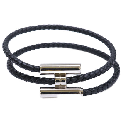 HERMES Tournis Tresse Swift Leather Bracelet Black/Silver