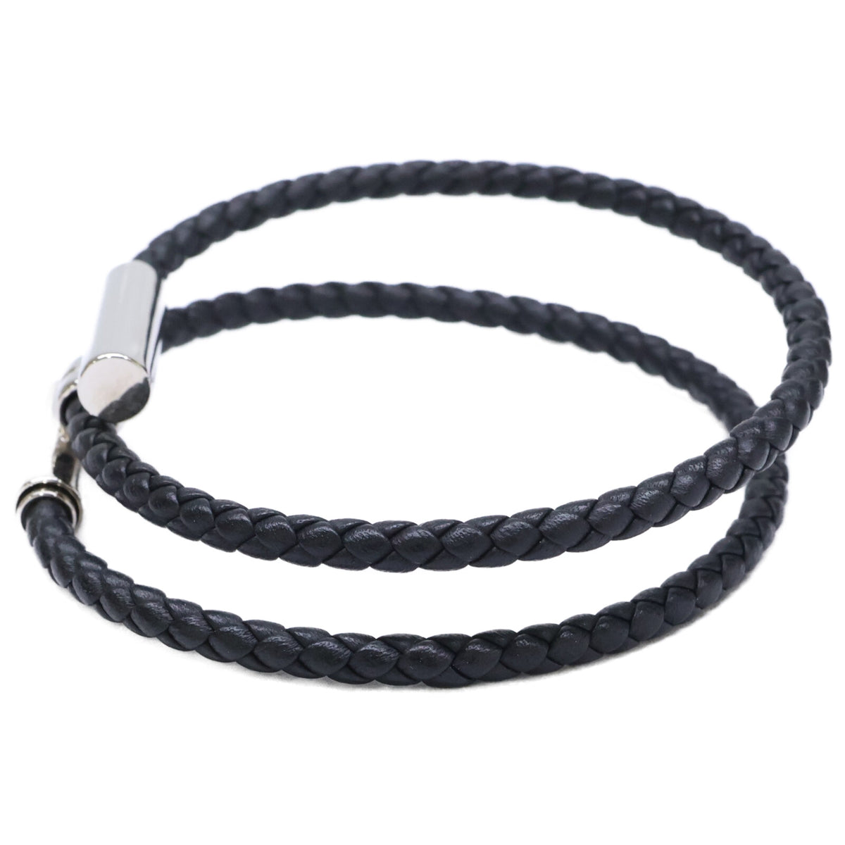 HERMES Tournis Tresse Swift Leather Bracelet Black/Silver