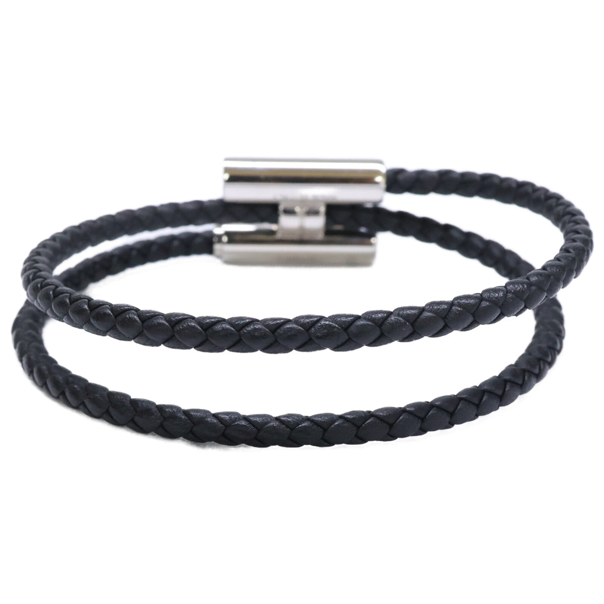 HERMES Tournis Tresse Swift Leather Bracelet Black/Silver
