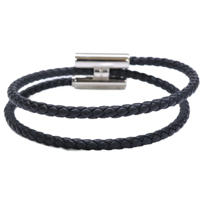 HERMES Tournis Tresse Swift Leather Bracelet Black/Silver