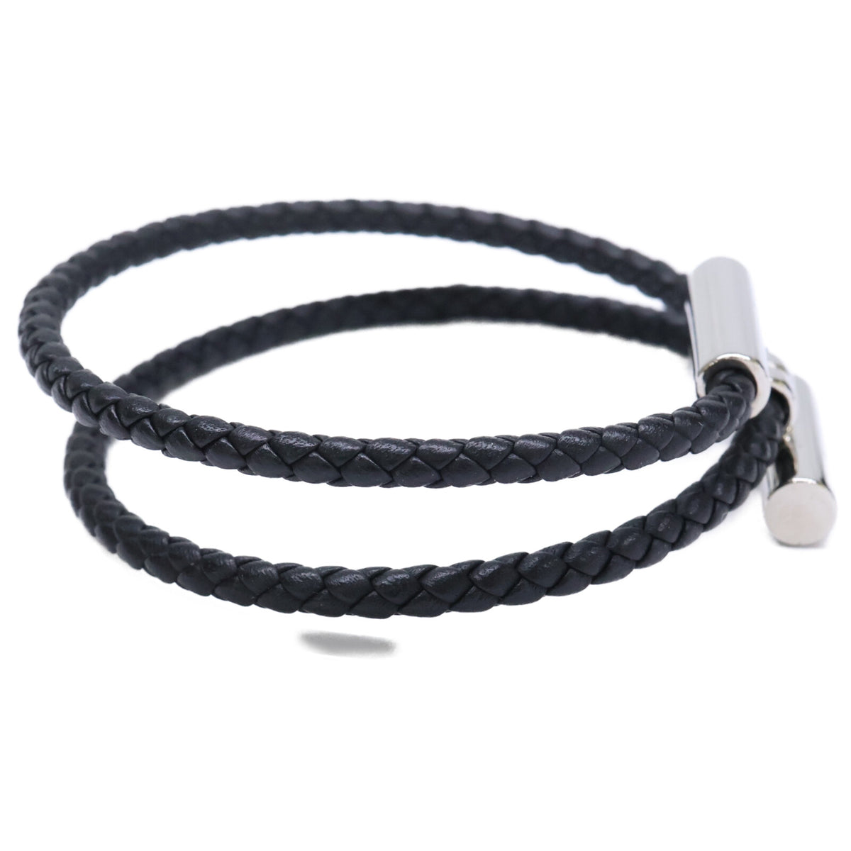 HERMES Tournis Tresse Swift Leather Bracelet Black/Silver