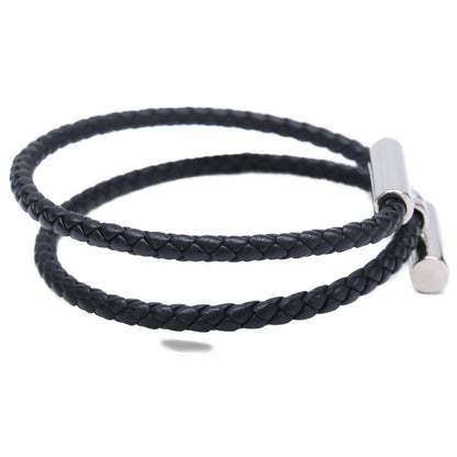 HERMES Tournis Tresse Swift Leather Bracelet Black/Silver