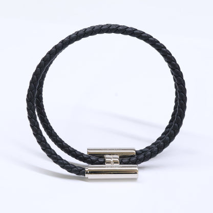 HERMES Tournis Tresse Swift Leather Bracelet Black/Silver