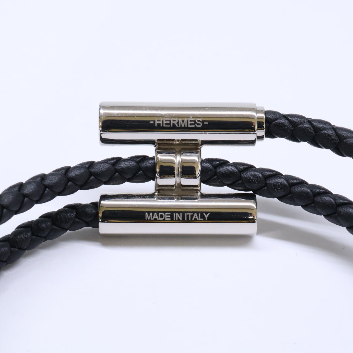 HERMES Tournis Tresse Swift Leather Bracelet Black/Silver