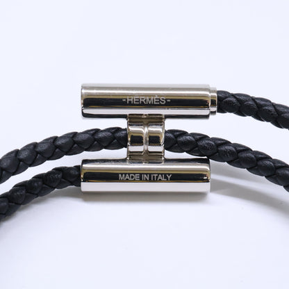 HERMES Tournis Tresse Swift Leather Bracelet Black/Silver