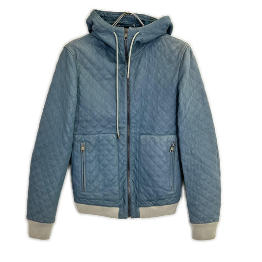 DOLCE&GABBANA Blue Lamb Leather Zip Hoodie Jacket Size 44