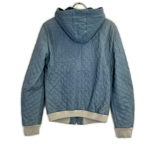 DOLCE&GABBANA Blue Lamb Leather Zip Hoodie Jacket Size 44