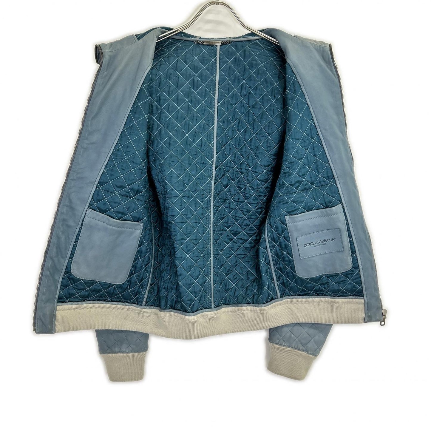 DOLCE&GABBANA Blue Lamb Leather Zip Hoodie Jacket Size 44