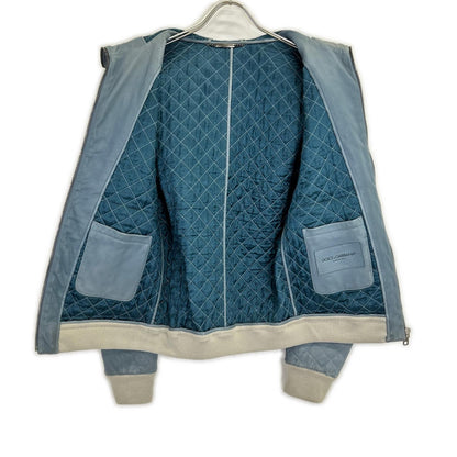 DOLCE&GABBANA Blue Lamb Leather Zip Hoodie Jacket Size 44