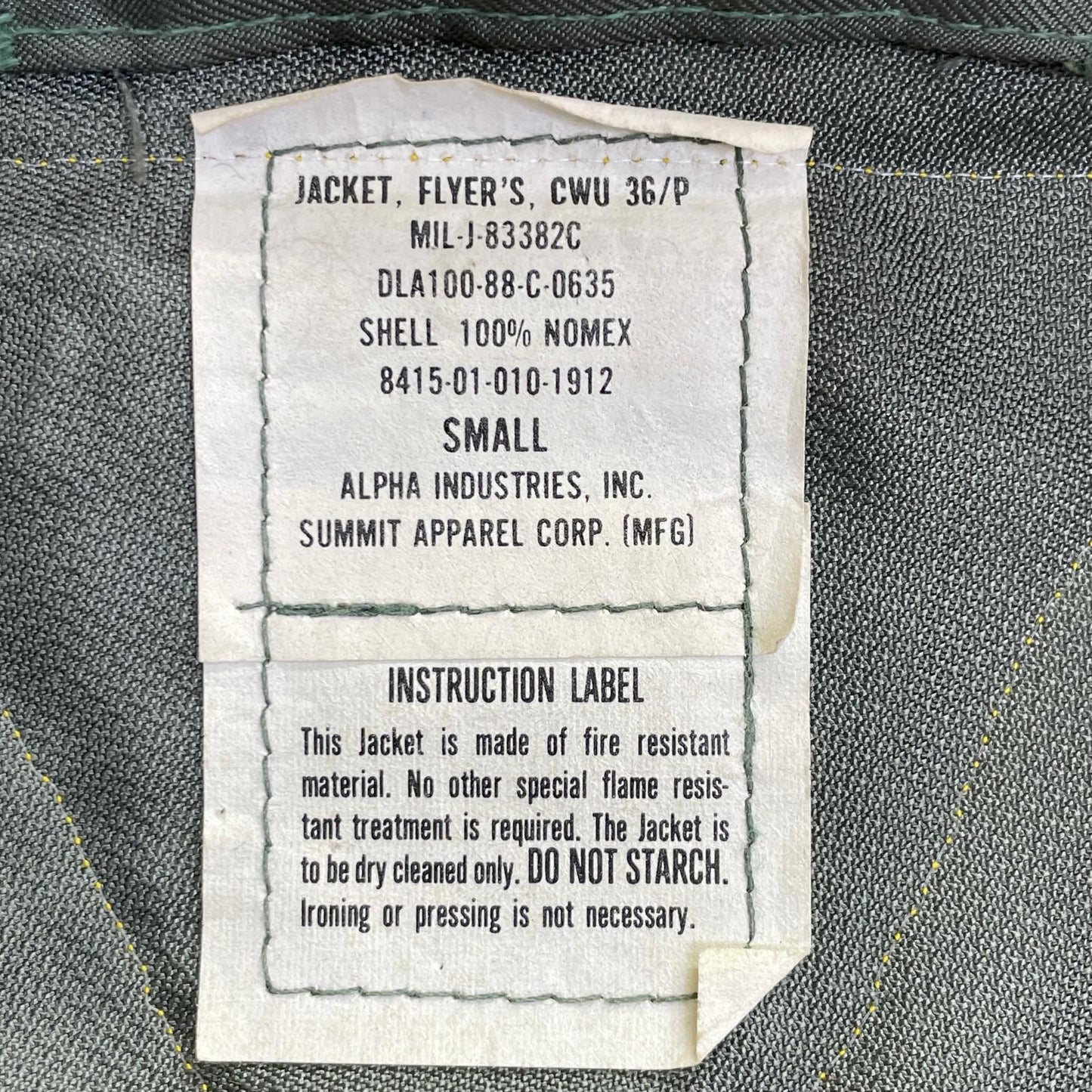 MILITARY Khaki '88 Patch CWU-36P Flight Jacket Size SMALL