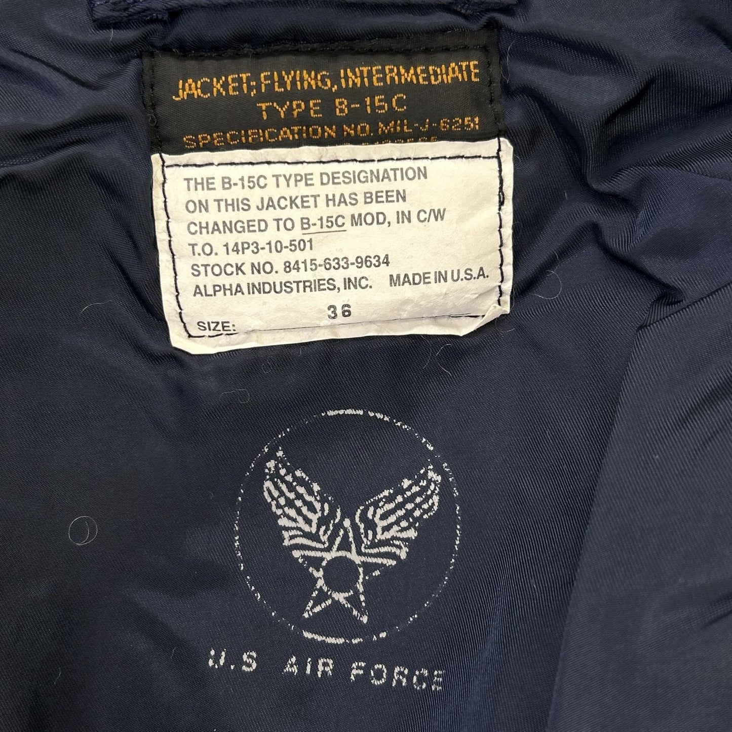 ALPHA INDUSTRIES Navy B15-C 50s Repro Jacket Size 36