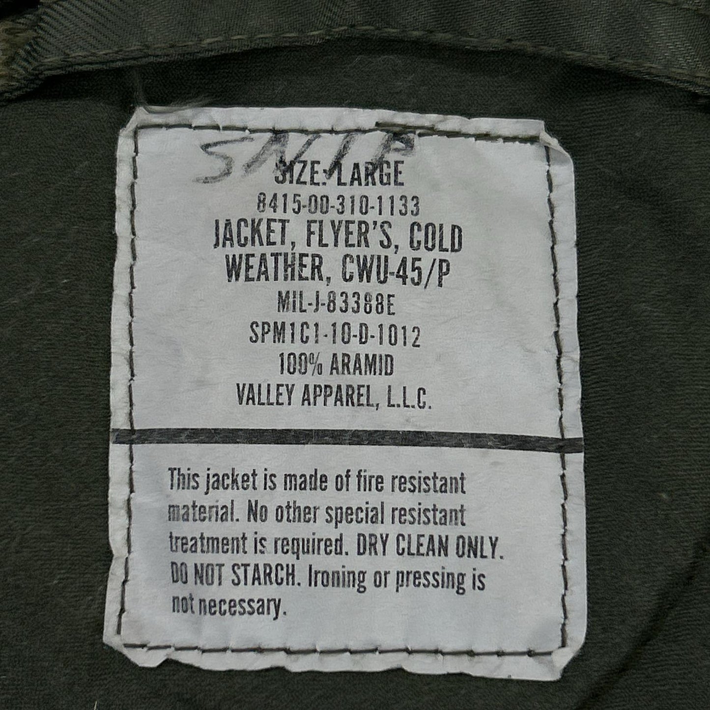 MILITARY Khaki CWU45-P Hooded Flight Jacket Size L