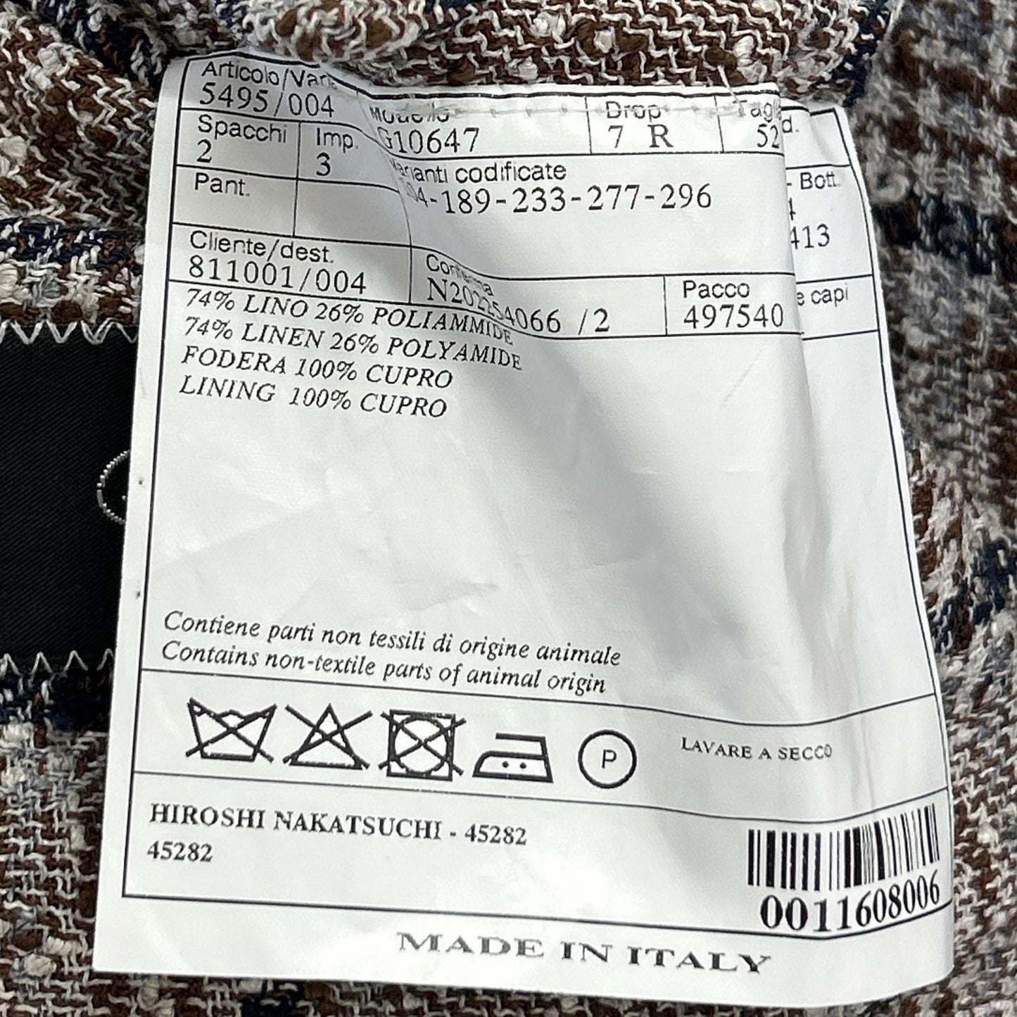 Belvest Brown Check Linen Blend 3B Blazer Size 52