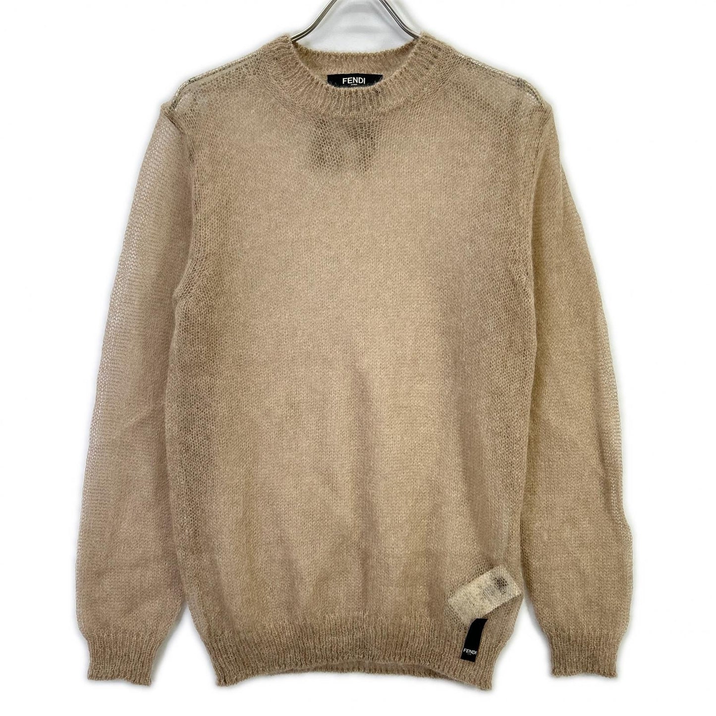 FENDI 23 Mohair Blend Crewneck Knit Sweater Beige Size 48