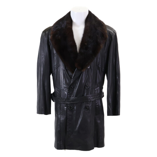 ZILLI Leather Mink Fur Collar Coat Black Size 48