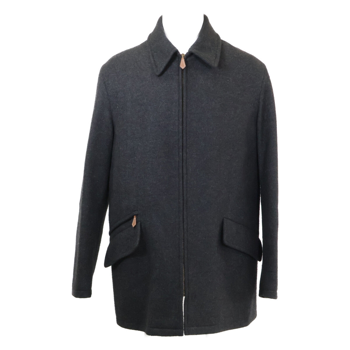 HERMES 100% Cashmere Zip-Up Half Coat Charcoal Gray Size 52